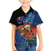 Personalised New Zealand Christmas Family Matching Mermaid Dress and Hawaiian Shirt Santa Kiwi Bird With Pohutukawa Flowers DT05 Son's Shirt Navy - Polynesian Pride