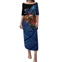 Personalised New Zealand Christmas Family Matching Puletasi and Hawaiian Shirt Santa Kiwi Bird With Pohutukawa Flowers DT05 Mom's Dress Navy - Polynesian Pride