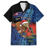 Personalised New Zealand Christmas Family Matching Short Sleeve Bodycon Dress and Hawaiian Shirt Santa Kiwi Bird With Pohutukawa Flowers DT05 Dad's Shirt - Short Sleeve Navy - Polynesian Pride