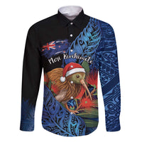 Personalised New Zealand Christmas Family Matching Short Sleeve Bodycon Dress and Hawaiian Shirt Santa Kiwi Bird With Pohutukawa Flowers DT05 Dad's Shirt - Long Sleeve Navy - Polynesian Pride