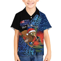 Personalised New Zealand Christmas Family Matching Short Sleeve Bodycon Dress and Hawaiian Shirt Santa Kiwi Bird With Pohutukawa Flowers DT05 Son's Shirt Navy - Polynesian Pride