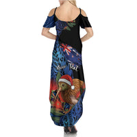 Personalised New Zealand Christmas Family Matching Summer Maxi Dress and Hawaiian Shirt Santa Kiwi Bird With Pohutukawa Flowers - Polynesian Pride