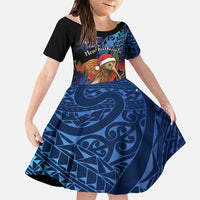 Personalised New Zealand Christmas Family Matching Tank Maxi Dress and Hawaiian Shirt Santa Kiwi Bird With Pohutukawa Flowers DT05 Daughter's Dress Navy - Polynesian Pride