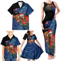 Personalised New Zealand Christmas Family Matching Tank Maxi Dress and Hawaiian Shirt Santa Kiwi Bird With Pohutukawa Flowers - Polynesian Pride