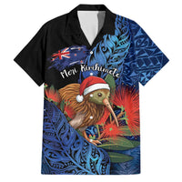 Personalised New Zealand Christmas Family Matching Tank Maxi Dress and Hawaiian Shirt Santa Kiwi Bird With Pohutukawa Flowers DT05 Dad's Shirt - Short Sleeve Navy - Polynesian Pride