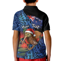 Personalised New Zealand Christmas Kid Polo Shirt Santa Kiwi Bird With Pohutukawa Flowers - Polynesian Pride