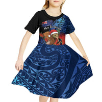 Personalised New Zealand Christmas Kid Short Sleeve Dress Santa Kiwi Bird With Pohutukawa Flowers DT05 - Polynesian Pride