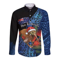 Personalised New Zealand Christmas Long Sleeve Button Shirt Santa Kiwi Bird With Pohutukawa Flowers - Polynesian Pride