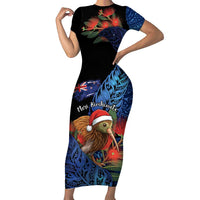 Personalised New Zealand Christmas Short Sleeve Bodycon Dress Santa Kiwi Bird With Pohutukawa Flowers - Polynesian Pride