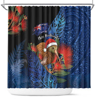 New Zealand Christmas Shower Curtain Santa Kiwi Bird With Pohutukawa Flowers - Polynesian Pride