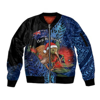 Personalised New Zealand Christmas Sleeve Zip Bomber Jacket Santa Kiwi Bird With Pohutukawa Flowers - Polynesian Pride