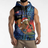 Personalised New Zealand Christmas Sleeveless Zip Hoodie Santa Kiwi Bird With Pohutukawa Flowers - Polynesian Pride