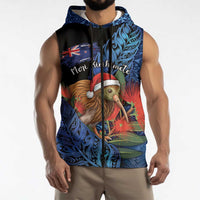 Personalised New Zealand Christmas Sleeveless Zip Hoodie Santa Kiwi Bird With Pohutukawa Flowers - Polynesian Pride