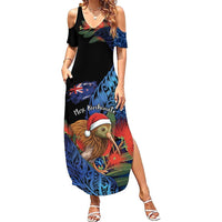 Personalised New Zealand Christmas Summer Maxi Dress Santa Kiwi Bird With Pohutukawa Flowers - Polynesian Pride