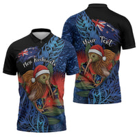 Personalised New Zealand Christmas Zipper Polo Shirt Santa Kiwi Bird With Pohutukawa Flowers DT05 - Polynesian Pride