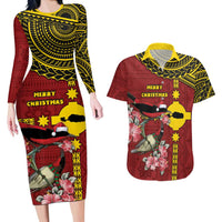 Rotuma Christmas Couples Matching Long Sleeve Bodycon Dress and Hawaiian Shirt Rotuma Myzomela Birds With Hibiscus Flowers DT05 Red - Polynesian Pride