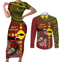 Rotuma Christmas Couples Matching Short Sleeve Bodycon Dress and Long Sleeve Button Shirt Rotuma Myzomela Birds With Hibiscus Flowers DT05 Red - Polynesian Pride