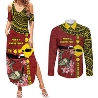 Rotuma Christmas Couples Matching Summer Maxi Dress and Long Sleeve Button Shirt Rotuma Myzomela Birds With Hibiscus Flowers - Polynesian Pride