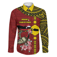 Rotuma Christmas Family Matching Mermaid Dress and Hawaiian Shirt Rotuma Myzomela Birds With Hibiscus Flowers DT05 Dad's Shirt - Long Sleeve Red - Polynesian Pride