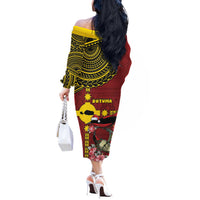 Rotuma Christmas Off The Shoulder Long Sleeve Dress Rotuma Myzomela Birds With Hibiscus Flowers - Polynesian Pride