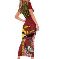 Rotuma Christmas Short Sleeve Bodycon Dress Rotuma Myzomela Birds With Hibiscus Flowers DT05 - Polynesian Pride