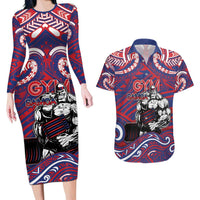Personalised Samoa Gym Couples Matching Long Sleeve Bodycon Dress and Hawaiian Shirt Muscle Samoan Tribal Waves DT05 Navy - Polynesian Pride