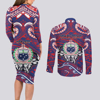 Personalised Samoa Gym Couples Matching Long Sleeve Bodycon Dress and Long Sleeve Button Shirt Muscle Samoan Tribal Waves - Polynesian Pride