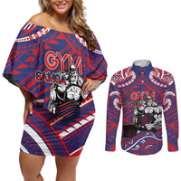 Personalised Samoa Gym Couples Matching Off Shoulder Short Dress and Long Sleeve Button Shirt Muscle Samoan Tribal Waves DT05 Navy - Polynesian Pride