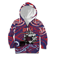 Personalised Samoa Gym Kid Hoodie Muscle Samoan Tribal Waves DT05 Zip Hoodie Navy - Polynesian Pride