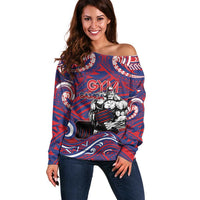 Personalised Samoa Gym Off Shoulder Sweater Muscle Samoan Tribal Waves DT05 Women Navy - Polynesian Pride