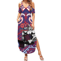 Personalised Samoa Gym Summer Maxi Dress Muscle Samoan Tribal Waves DT05 Women Navy - Polynesian Pride
