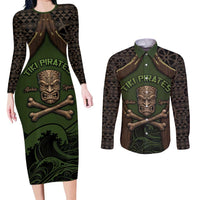 Personalised Hawaii Tiki Pirates Couples Matching Long Sleeve Bodycon Dress and Long Sleeve Button Shirt Kakau Pattern Polynesian Style
