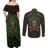 Personalised Hawaii Tiki Pirates Couples Matching Off Shoulder Maxi Dress and Long Sleeve Button Shirt Kakau Pattern Polynesian Style