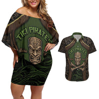 Personalised Hawaii Tiki Pirates Couples Matching Off Shoulder Short Dress and Hawaiian Shirt Kakau Pattern Polynesian Style DT05 Green - Polynesian Pride