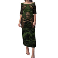 Personalised Hawaii Tiki Pirates Family Matching Puletasi and Hawaiian Shirt Kakau Pattern Polynesian Style DT05 Mom's Dress Green - Polynesian Pride