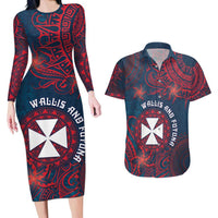 Personalised Wallis And Futuna Couples Matching Long Sleeve Bodycon Dress and Hawaiian Shirt Hibiscus Polynesian Tribal Pattern