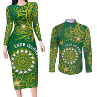 Personalised Cook Islands Couples Matching Long Sleeve Bodycon Dress and Long Sleeve Button Shirt Hibiscus Polynesian Tribal Pattern