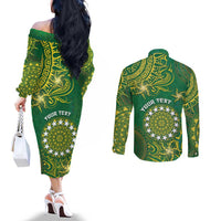Personalised Cook Islands Couples Matching Off The Shoulder Long Sleeve Dress and Long Sleeve Button Shirt Hibiscus Polynesian Tribal Pattern