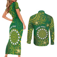 Personalised Cook Islands Couples Matching Short Sleeve Bodycon Dress and Long Sleeve Button Shirt Hibiscus Polynesian Tribal Pattern