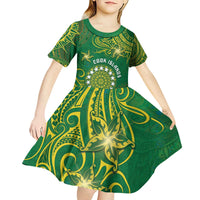 Personalised Cook Islands Kid Short Sleeve Dress Hibiscus Polynesian Tribal Pattern