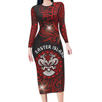 Personalised Easter Island Family Matching Long Sleeve Bodycon Dress and Hawaiian Shirt Hibiscus Polynesian Tribal Pattern DT05 Mom's Dress Black - Polynesian Pride