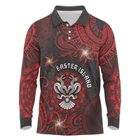 Personalised Easter Island Long Sleeve Polo Shirt Hibiscus Polynesian Tribal Pattern DT05 Black - Polynesian Pride