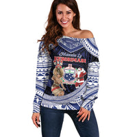 Samoa Christmas Off Shoulder Sweater Samoan Siva Dance With Santa DT05 Women Navy - Polynesian Pride