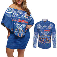 Toa Samoa Couples Matching Off Shoulder Short Dress and Long Sleeve Button Shirt Samoan Warrior Spirit Rugby - Polynesian Pride