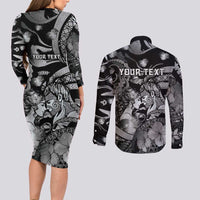Personalised Maori Romantic Valentine Couples Matching Long Sleeve Bodycon Dress and Long Sleeve Button Shirt The Hongi Kiss Black Galaxy