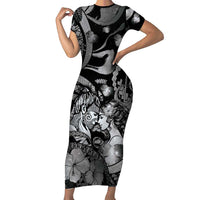Personalised Maori Romantic Valentine Family Matching Short Sleeve Bodycon Dress and Hawaiian Shirt The Hongi Kiss Black Galaxy DT05 Mom's Dress Black - Polynesian Pride