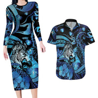 Personalised Maori Romantic Valentine Couples Matching Long Sleeve Bodycon Dress and Hawaiian Shirt The Hongi Kiss Blue Galaxy DT05 Blue - Polynesian Pride