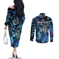 Personalised Maori Romantic Valentine Couples Matching Off The Shoulder Long Sleeve Dress and Long Sleeve Button Shirt The Hongi Kiss Blue Galaxy