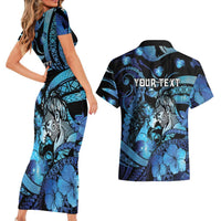 Personalised Maori Romantic Valentine Couples Matching Short Sleeve Bodycon Dress and Hawaiian Shirt The Hongi Kiss Blue Galaxy DT05 - Polynesian Pride