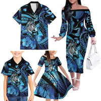 Personalised Maori Romantic Valentine Family Matching Off The Shoulder Long Sleeve Dress and Hawaiian Shirt The Hongi Kiss Blue Galaxy